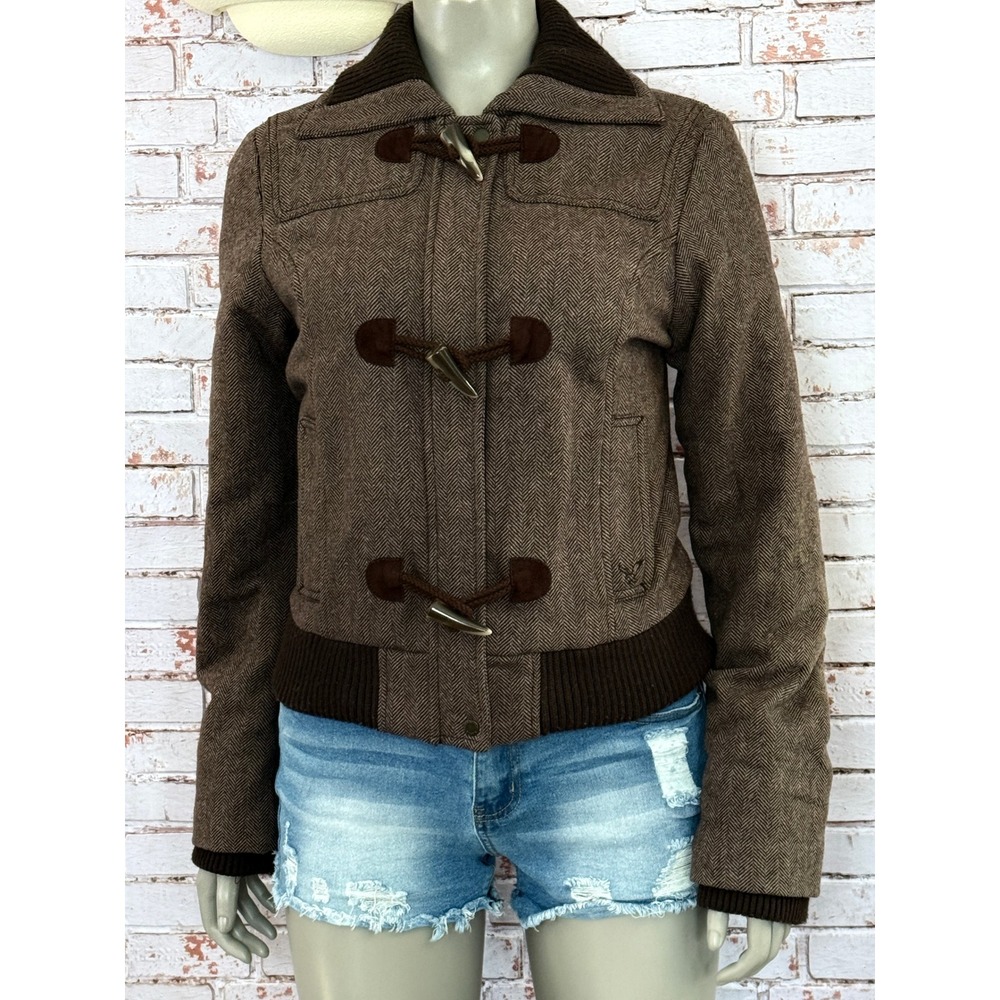 Vintage American Eagle Brown Herringbone Toggle Zip Bomber Jacket Large Y2K